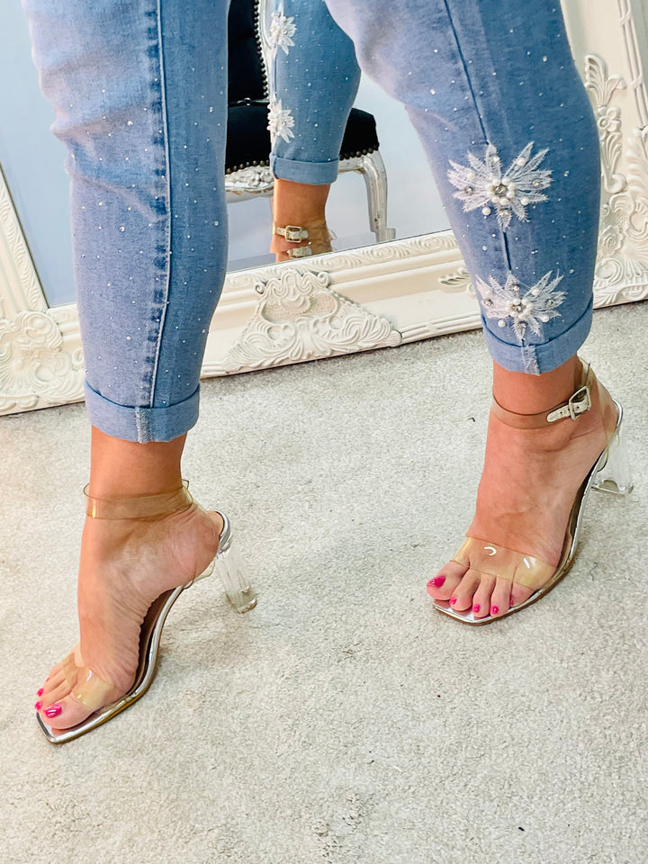 LADIES LIGHT WASH DENIM CROPPED DIAMANTE MOM FIT JEANS