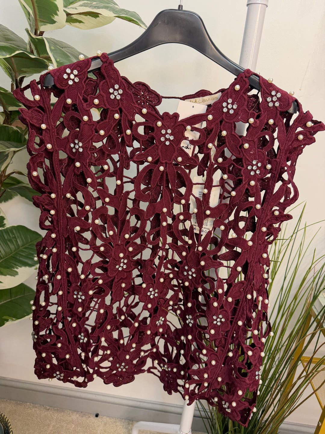 Women’s Crochet Pearl & Diamanté Top - Black, White, Wine, Brown 