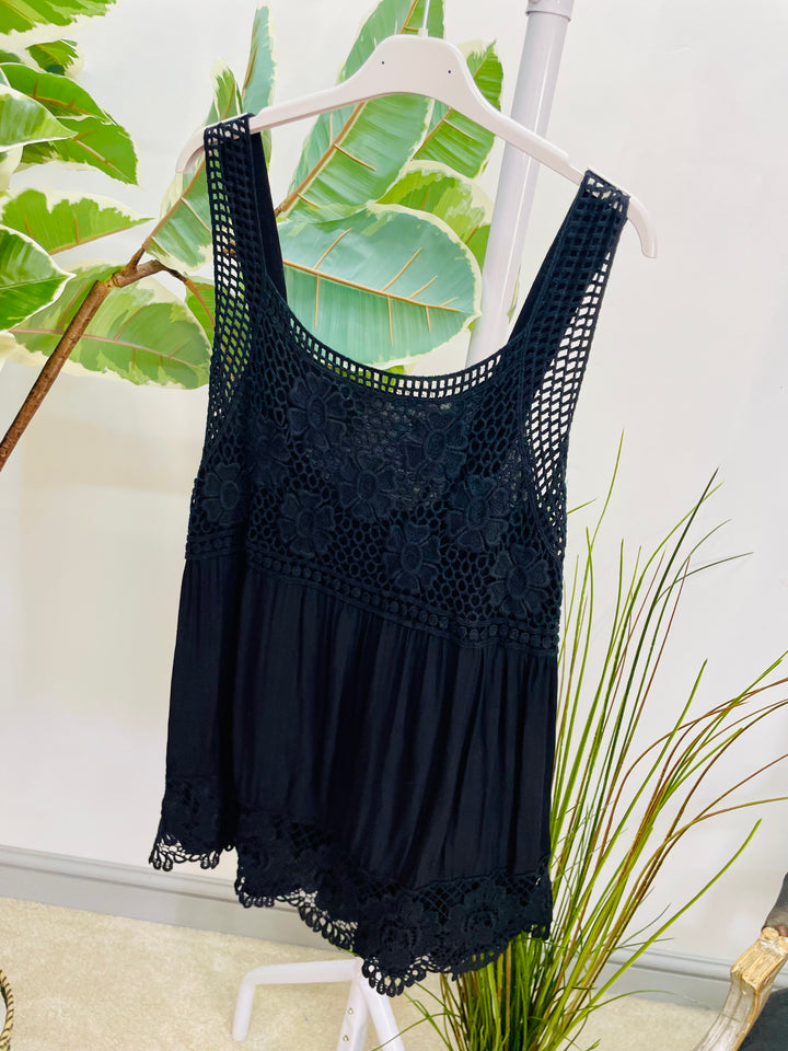 LADIES CROCHET & LACE SUMMER CAMI TOP - WHITE, LEMON, BLUE, PINK, KHAKI, BLACK