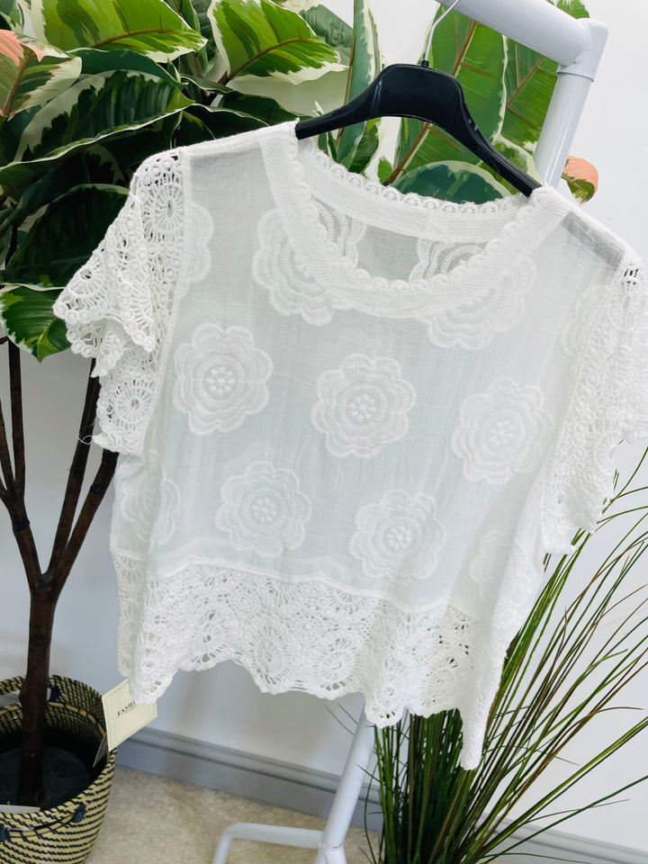 LADIES LACE CROCHET SUMMER TOP - WHITE, TURQUOISE, PINK