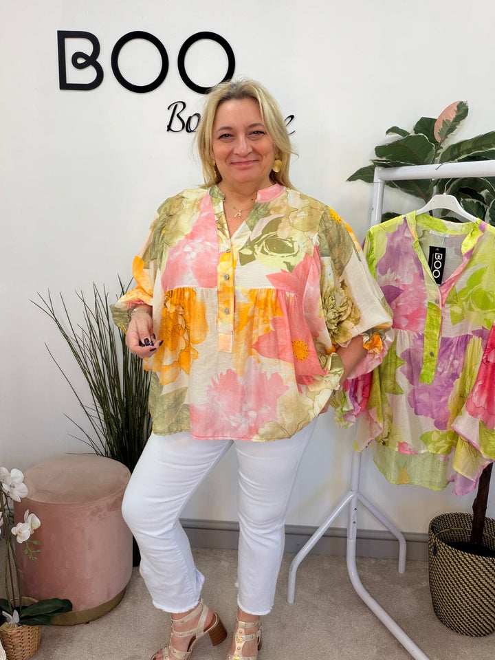 Ladies Fashion Boho Style Grandad Shirt - pink and khaki