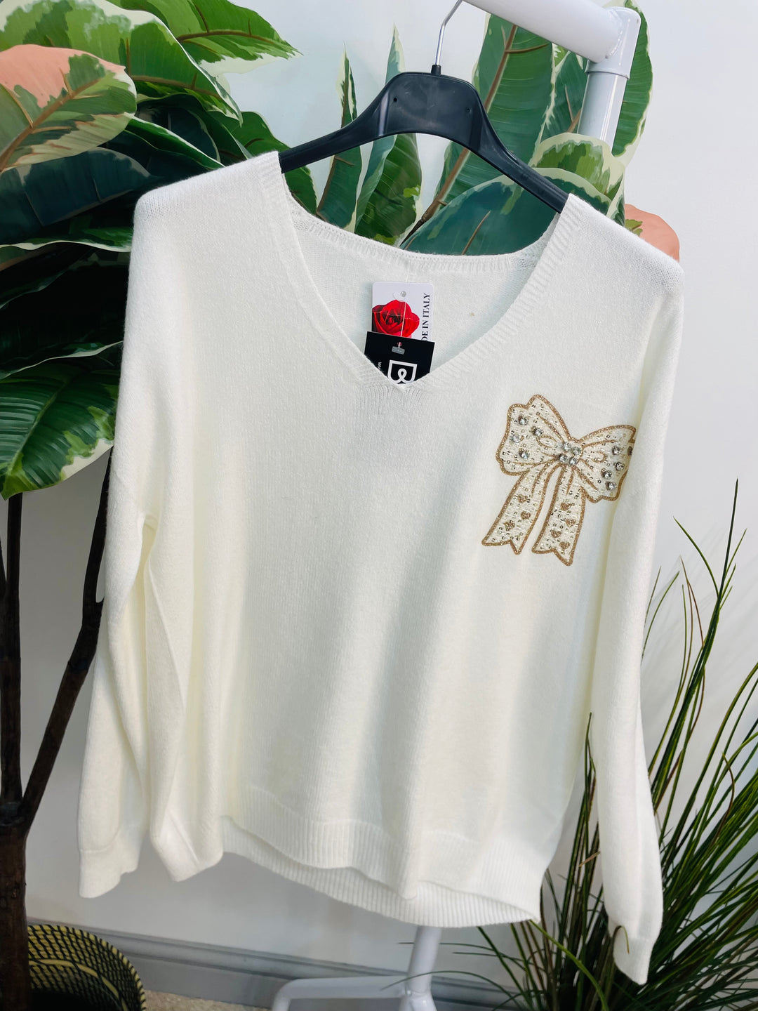 LADIES SOFT KNIT V NECK BOW JUMPER - WHITE, BEIGE & BLACK