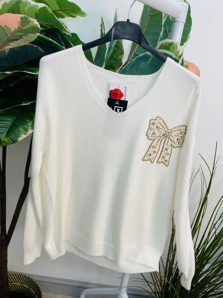 LADIES SOFT KNIT V NECK BOW JUMPER - WHITE, BEIGE & BLACK