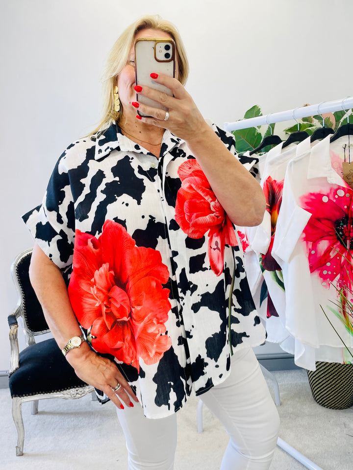 LADIES CREAM LINEN & RED POPPY PRINT OVERSIZE SUMMER SHIRT TOP