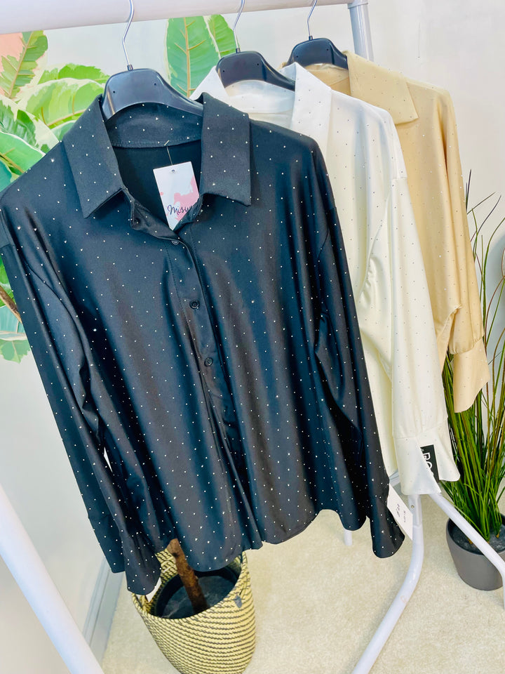 LADIES SPARKLY STRETCH BLOUSE SHIRT - WHITE, BLACK, CHAMPAGNE
