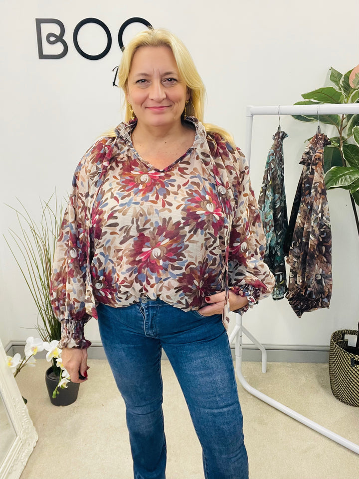 LADIES LEAF PRINT HIGH NECK BLOUSE - BEIGE, BROWN, TEAL