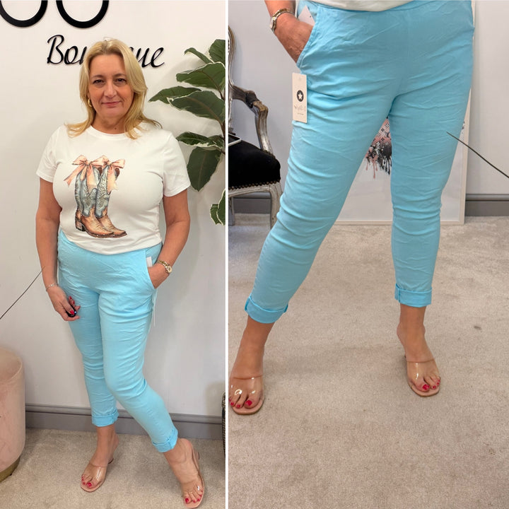LADIES FASHION STRETCH MAGIC TROUSERS AQUA TURQUOISE