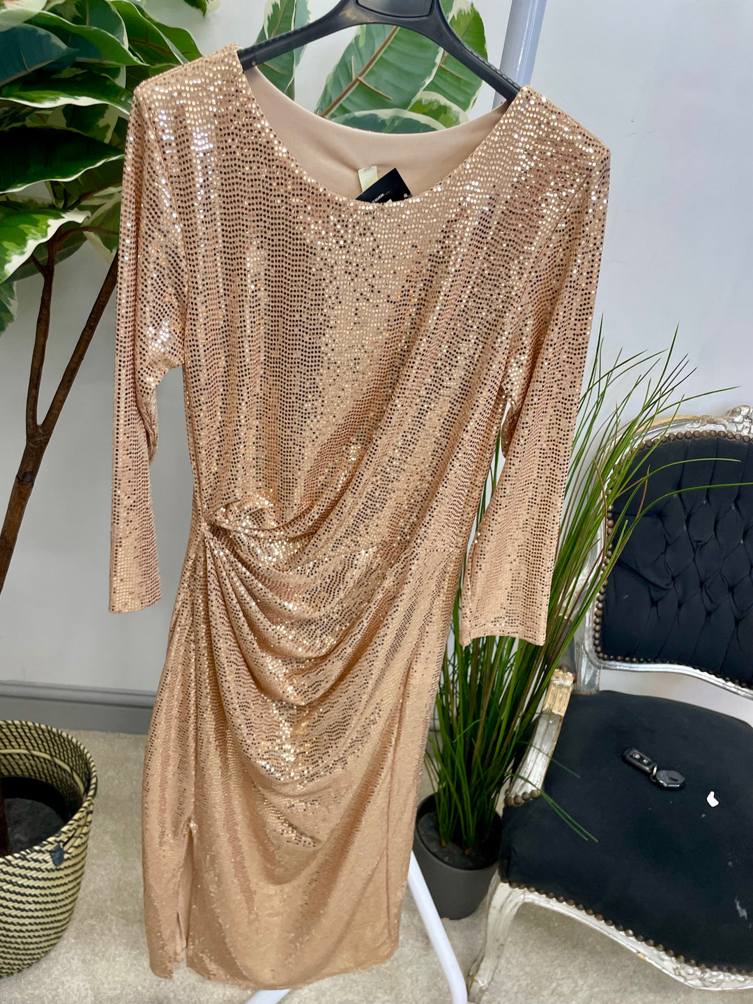 LADIES SEQUIN SEXY RUCHE SIDE PARTY DRESS - RED, BLACK, CHAMPAGNE & GOLD