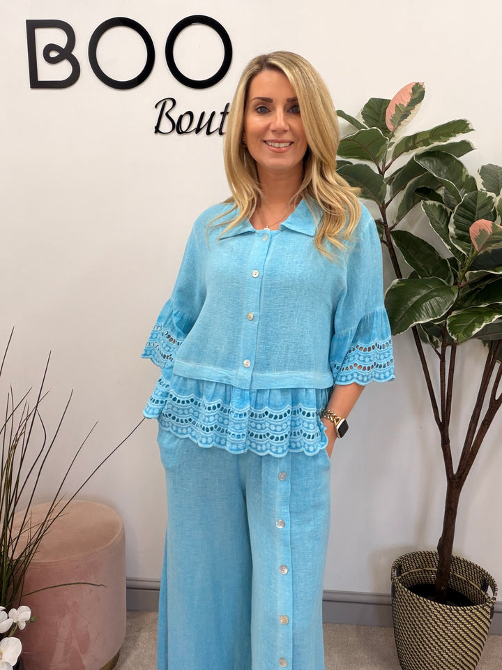 Ladies Fashion Broderie Anglaise Teabag Linen Top turquoise