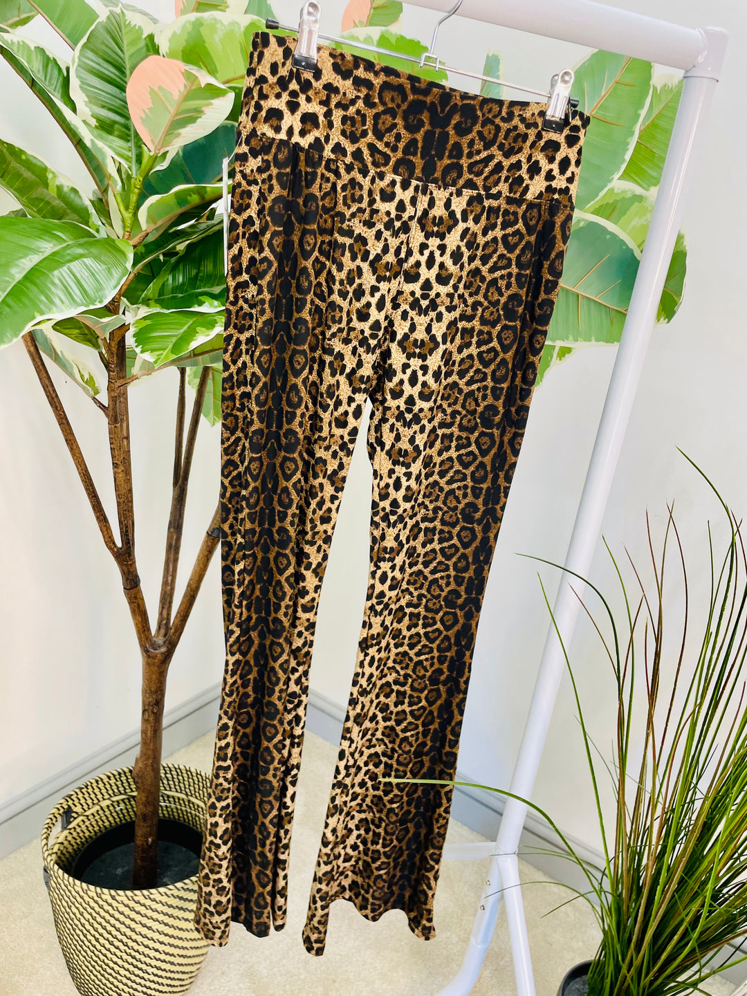LADIES STRETCH LEOPARD PRINT FLARE LEGGINGS TROUSERS