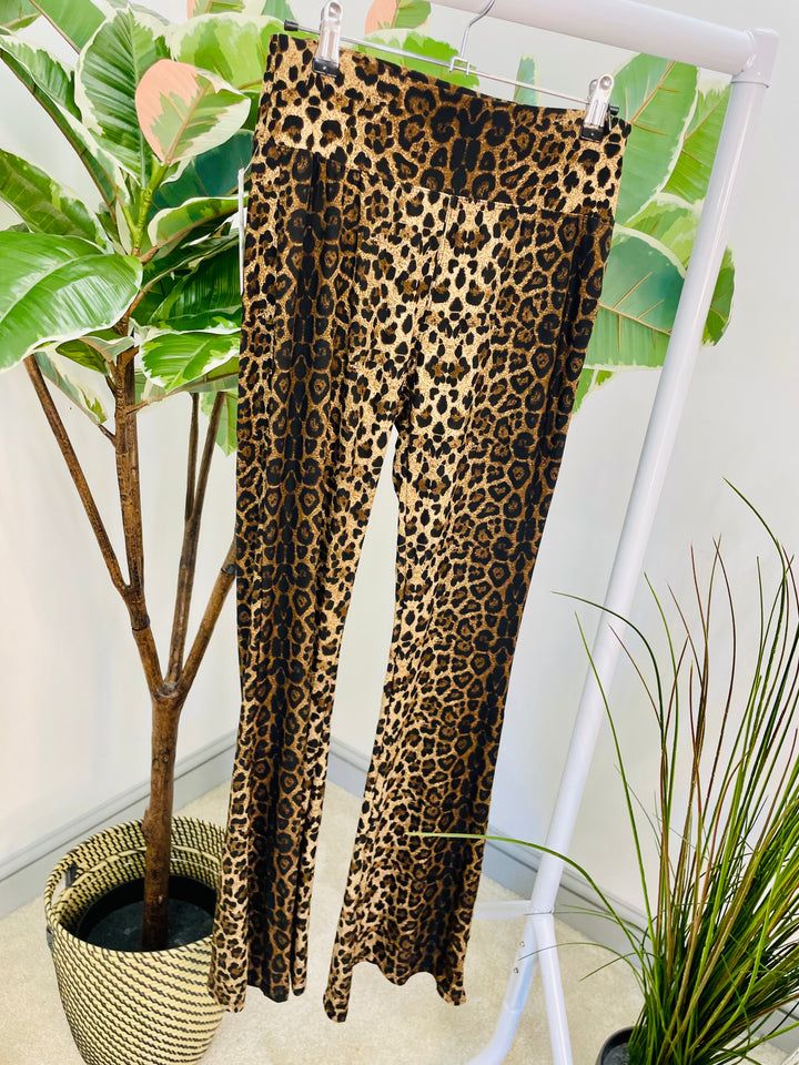 LADIES STRETCH LEOPARD PRINT FLARE LEGGINGS TROUSERS