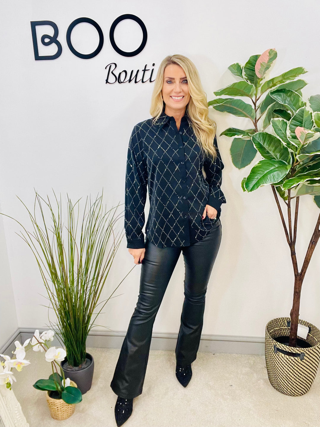 LADIES BLACK SPARKLY STUD SHIRT BLOUSE