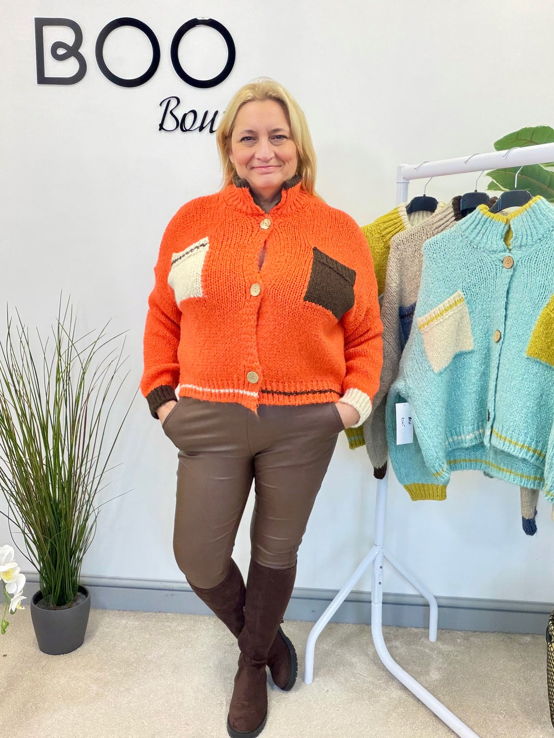 LADIES FUNKY CHUNKY KNIT TWO TONE CARDIGAN - MINT, BEIGE, ORANGE & LIME