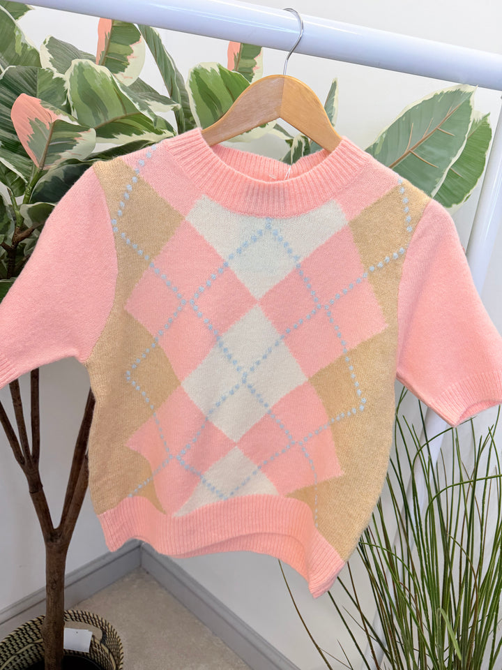 LADIES ARGYLE KNIT SHORT SLEEVE JUMPER - CREAM, BLUE, PINK
