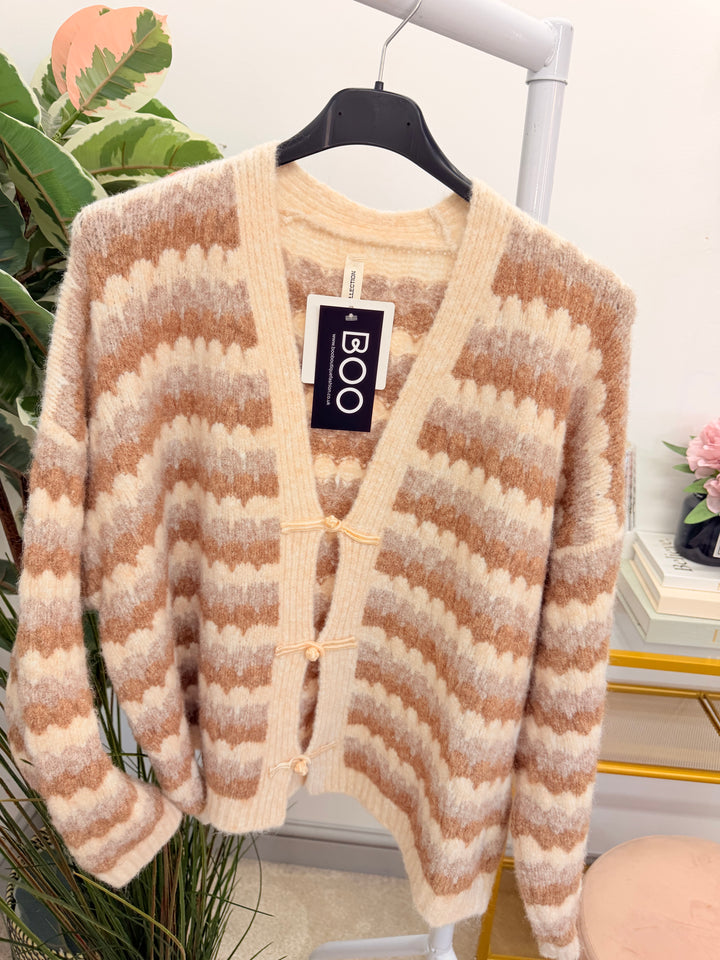 Ladies Fashion Knitted Stripe Cardigan - Beige & Mocha