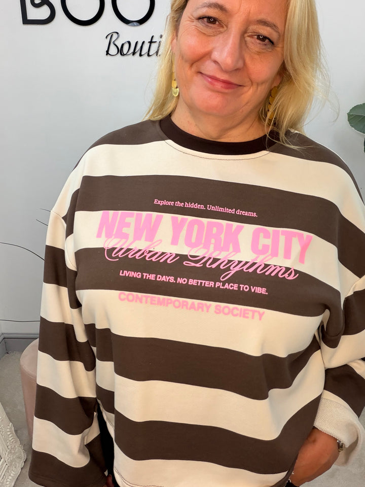 Ladies Brown & Cream Stripe Sweatshirt Top