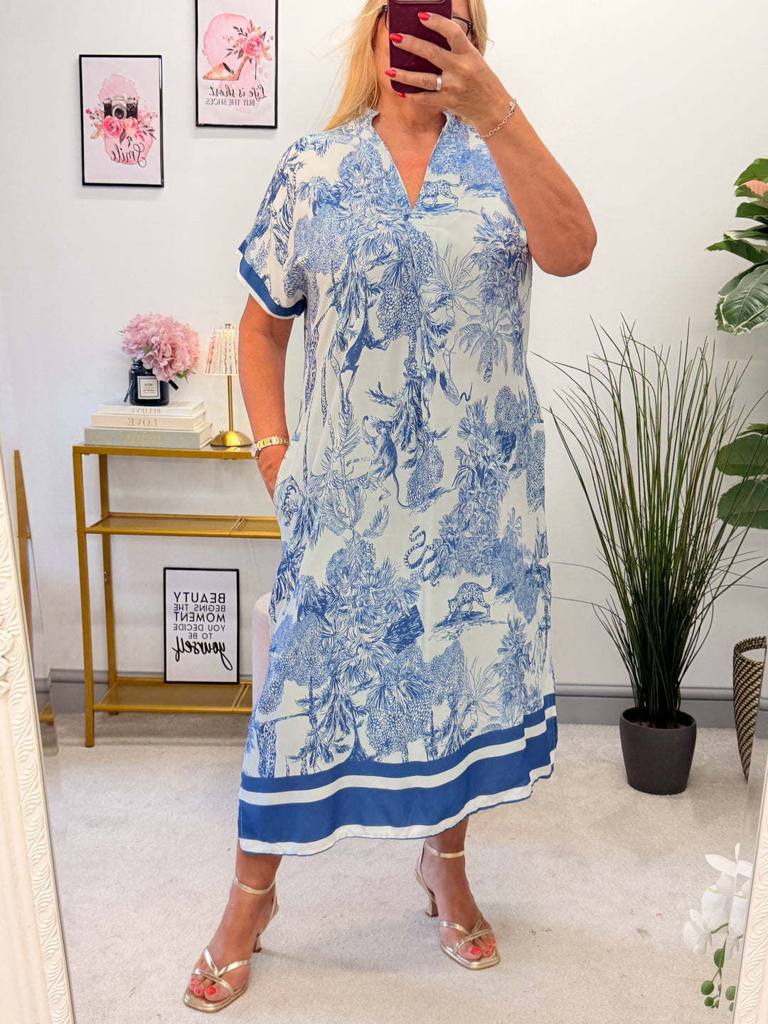 Ladies Jungle Print Loose Fit Summer Maxi Dress - Wine, Brown & Denim Blue