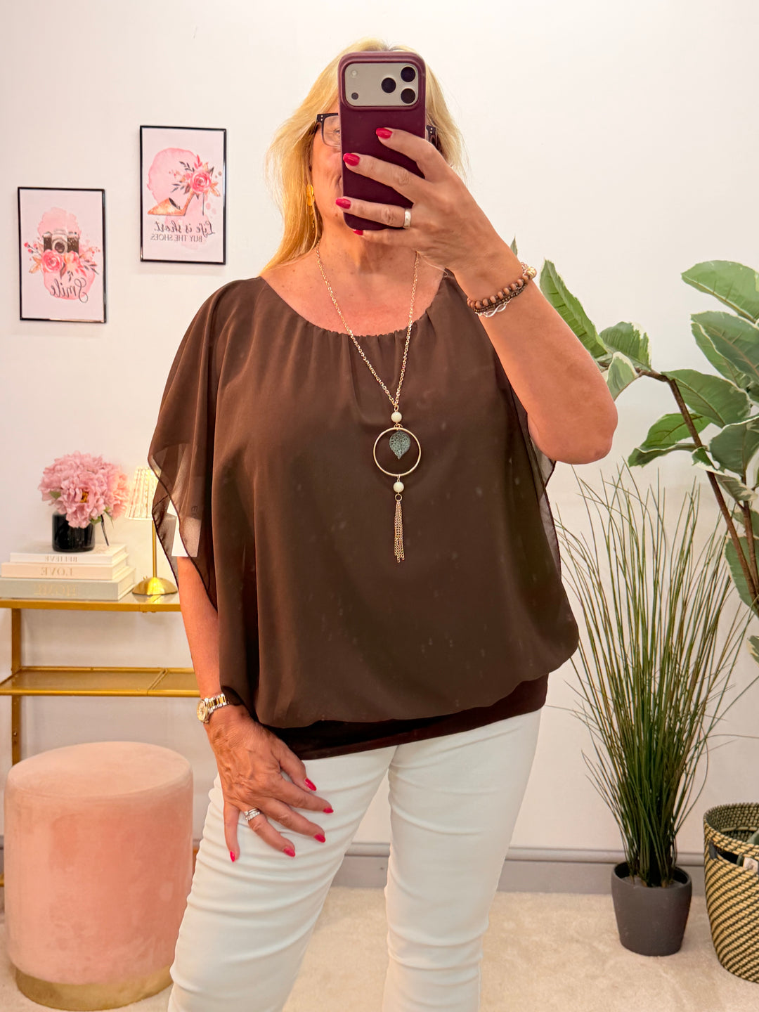 Ladies Chiffon Summer Top - Black, White, Navy, Wine, Blue, Brown