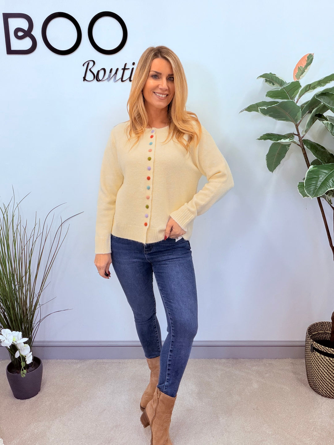 LADIES CREAM MULTI COLOURED BUTTON CARDIGAN TOP