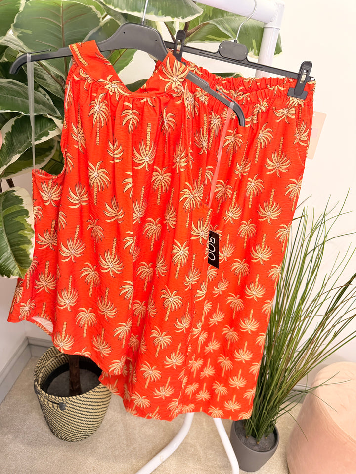 Ladies Palm Tree Print Fashion Trouser Co Ord Set - Navy, White, Pink, Brown & Orange
