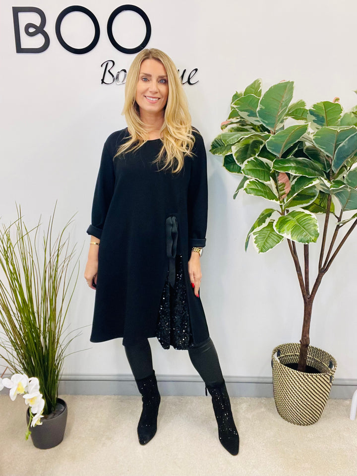 LADIES BLACK SWEATSHIRT STYLE SEQUIN DETAIL DRESS