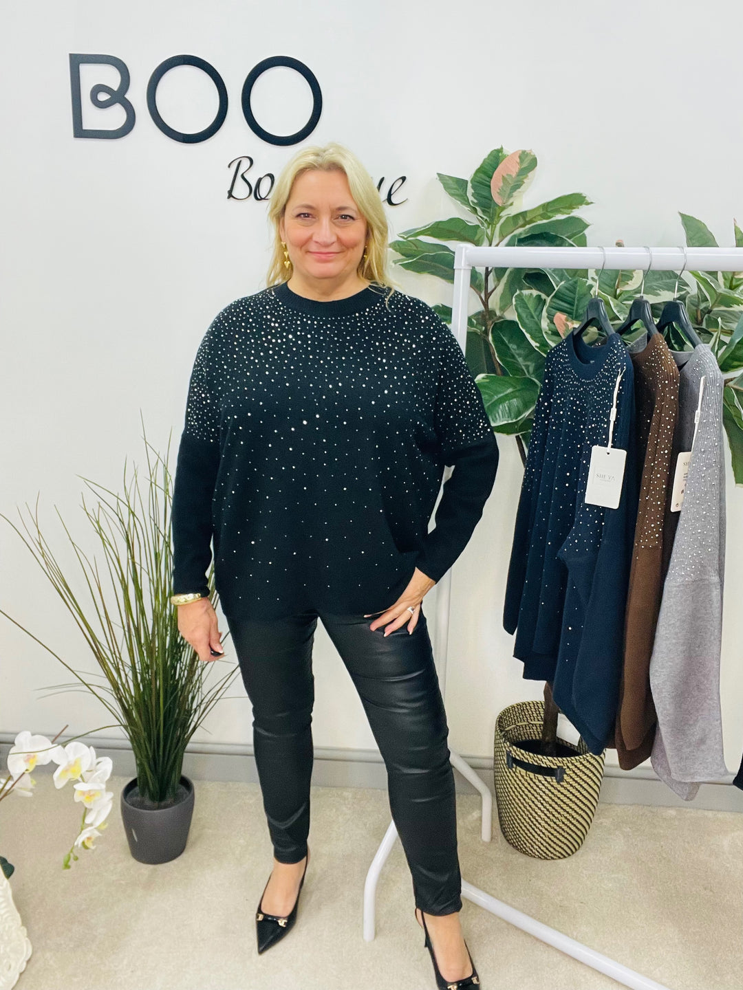 LADIES LOOSE FIT DIAMANTE OVERSIZE JUMPER - BLACK, GREY, NAVY, BROWN