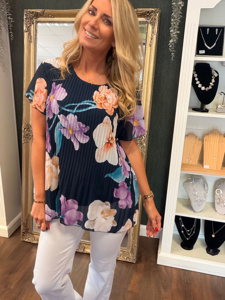 Ladies Pleated Floral Print Chiffon Top - Black, Cream, Blue, Lemon, Pink, Navy, Brown