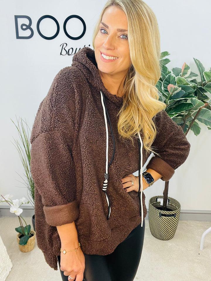 LADIES BOUCLE HOODIE TOP - BLACK, WHITE, CAMEL & BROWN