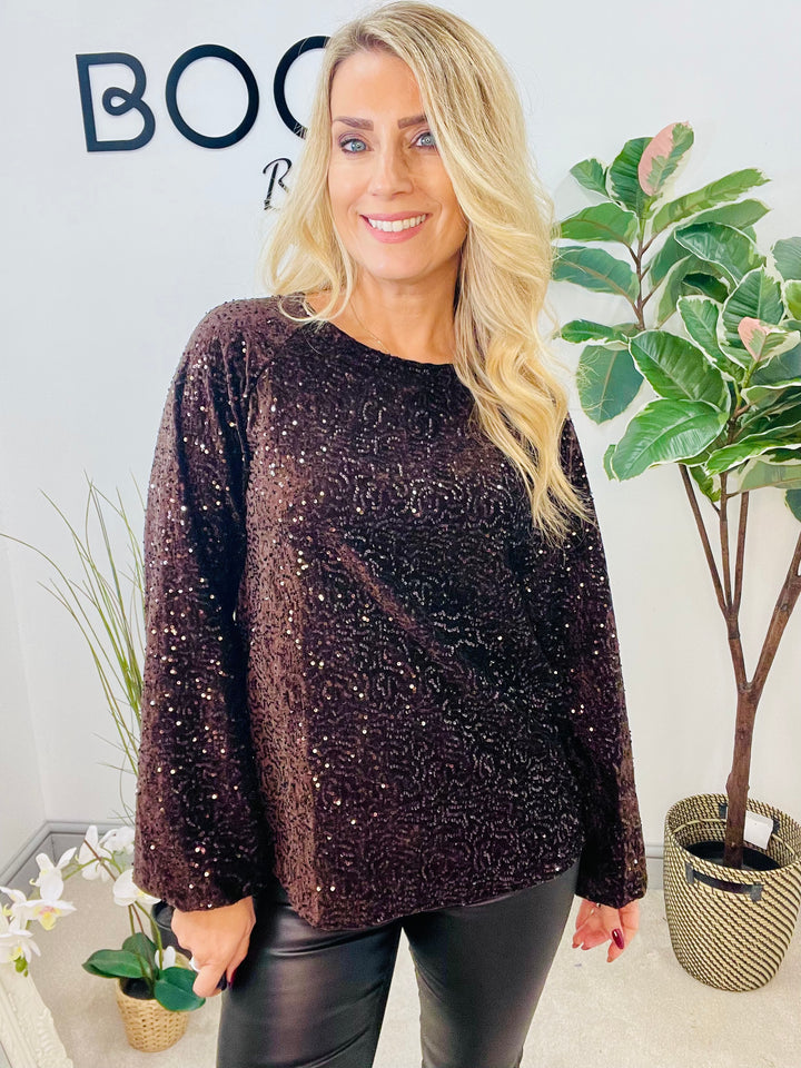 LADIES SEQUIN BOW BACK PARTY TOP - BROWN, BLACK, NAVY, BERRY & SILVER
