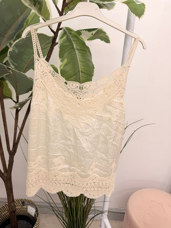 Ladies Fashion Silky Crochet Cami Top - Pink, Khaki, Blue, Cream, Beige, Green