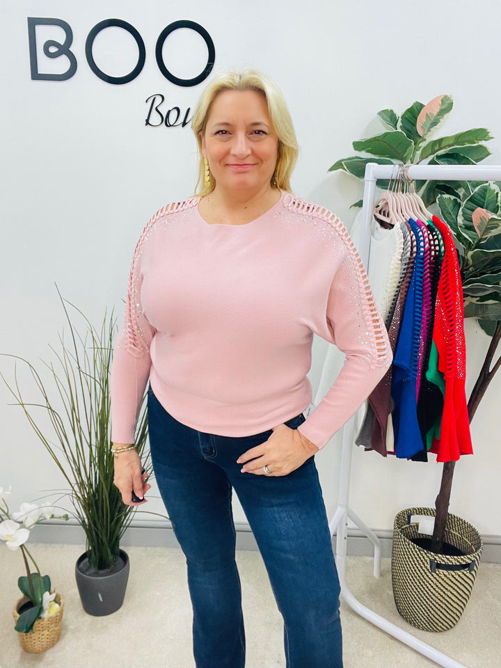 LADIES DIAMANTE BATWING JUMPER PINK