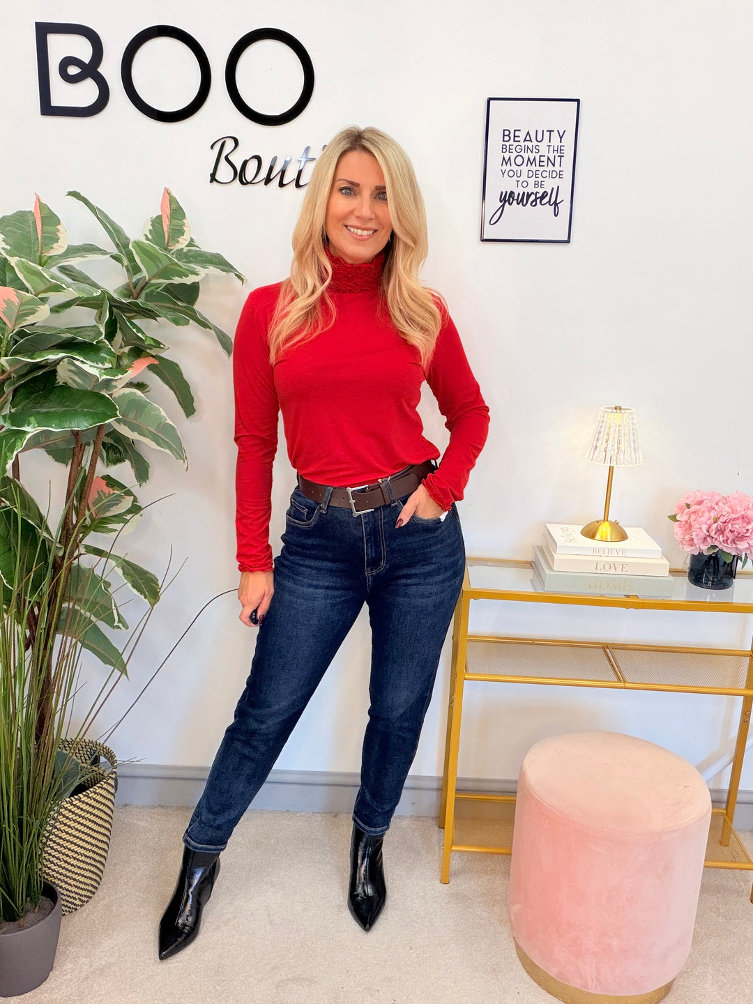 Women’s ruffle roll neck basic layering top red