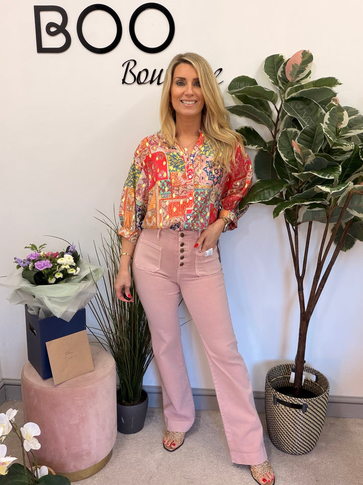 Ladies Red Orange Pink Short Sleeve Blouse Shirt