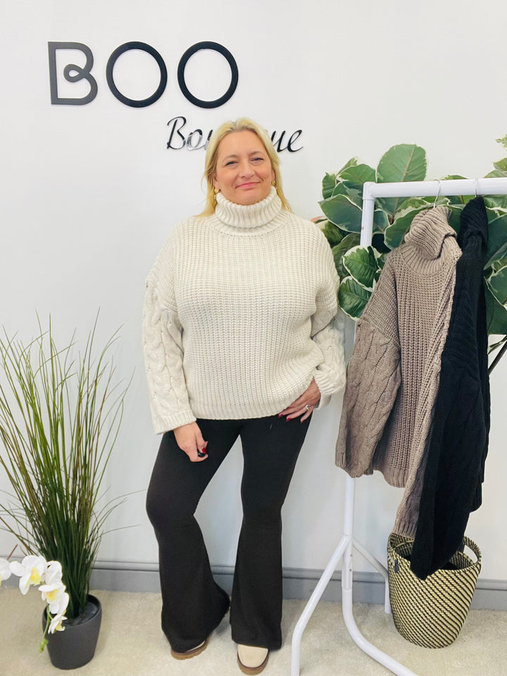 LADIES FISHERMANS CHUNKY KNIT ROLL NECK JUMPER - CREAM, MOCHA, BLACK