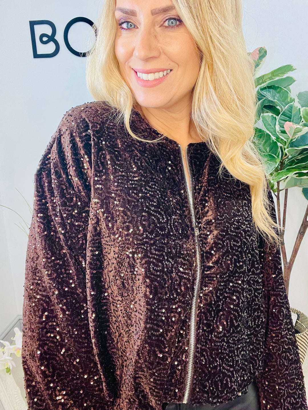 LADIES SEQUIN BOMBER JACKET - BLACK, SILVER, BERRY, BROWN