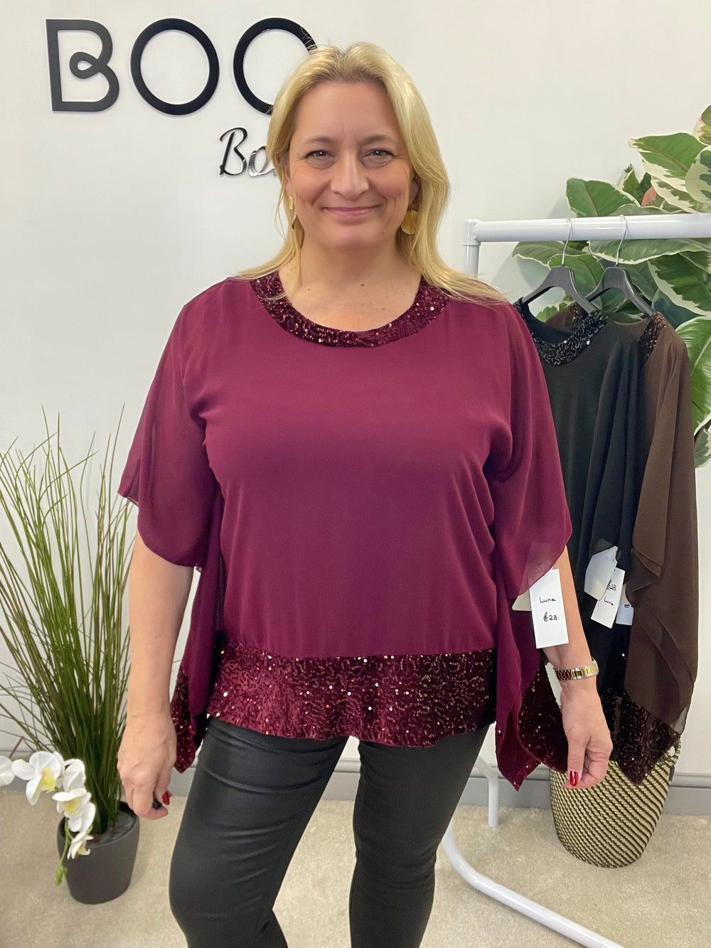 LADIES CHIFFON FLOATY SEQUIN PARTY TOP - BROWN, BLACK, BERRY