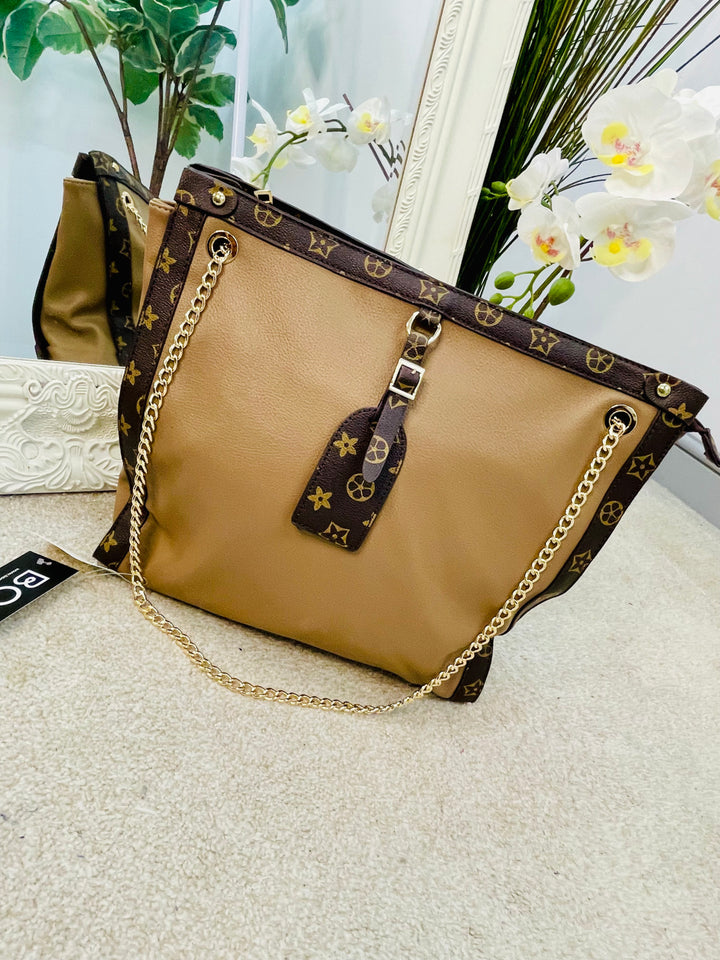 LADIES SHOPPER TOTE BAG - BROWN, BLACK & BEIGE