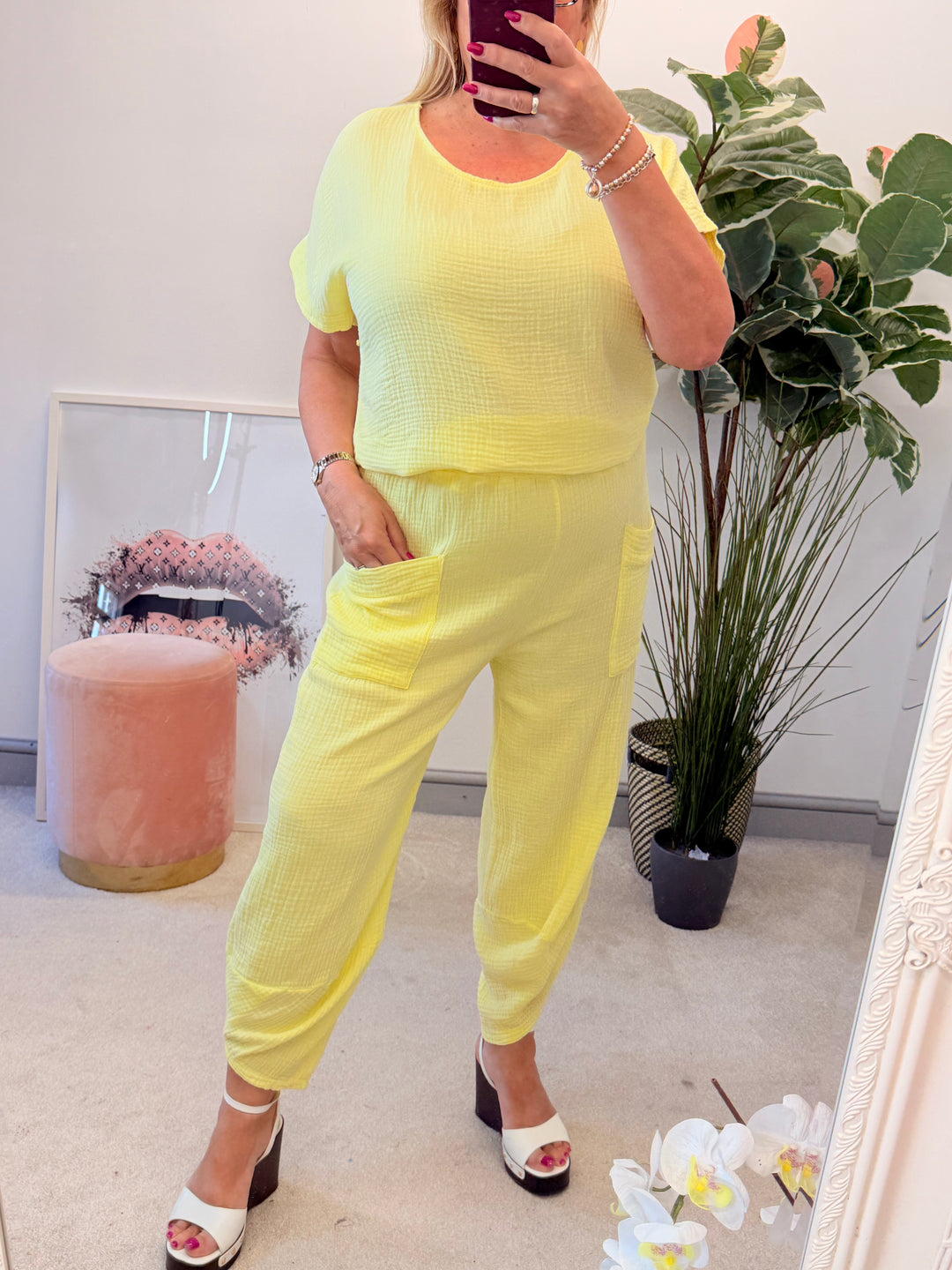 Ladies Cheesecloth Harem Trouser Co Ord - Black, Lemon, Coral, Pink, Blue, Khaki, Beige & Brown
