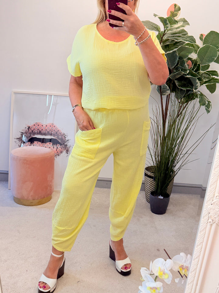 Ladies Cheesecloth Harem Trouser Co Ord - Black, Lemon, Coral, Pink, Blue, Khaki, Beige & Brown