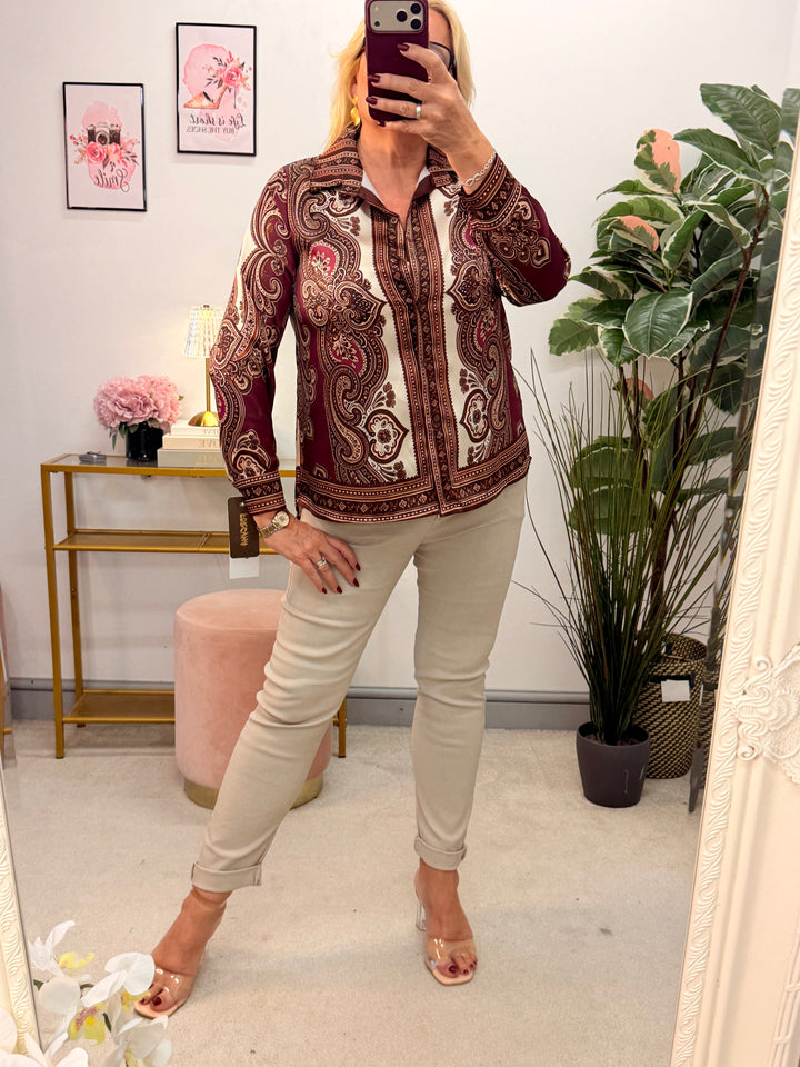 Womens Burgundy Paisley Print Satin Shirt Blouse Top