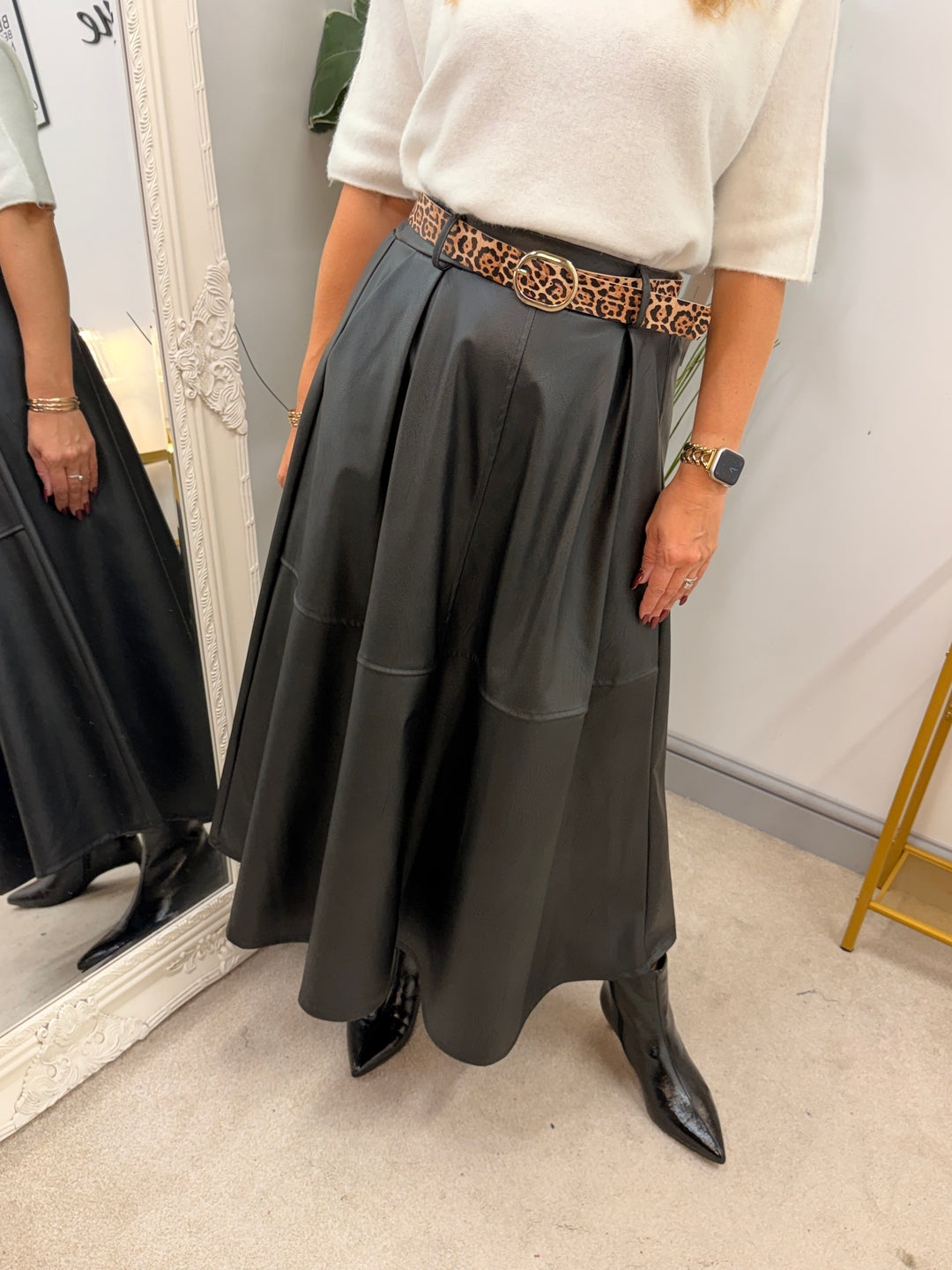Womens fashion faux leather A line maxi skirt - black, brown & beige