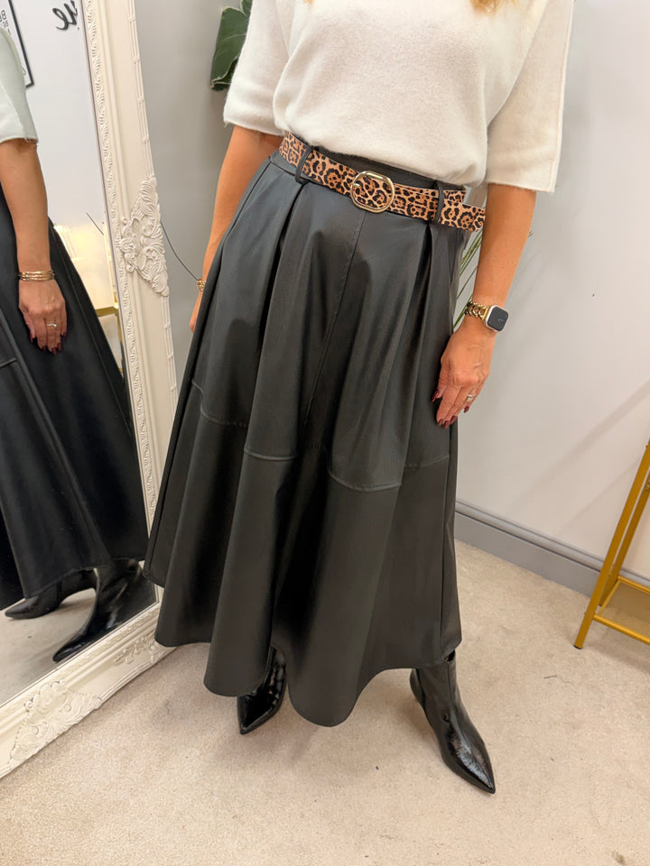Womens fashion faux leather A line maxi skirt - black, brown & beige