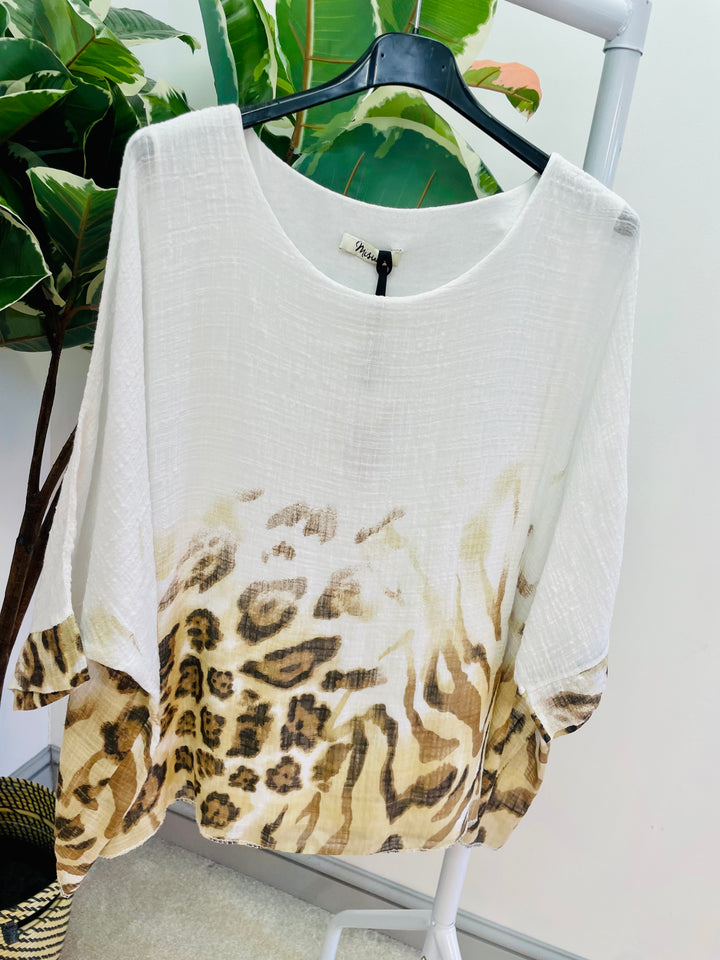 LADIES WOMENS LOOSE FIT ANIMAL LEOPARD PRINT SUMMER TOP - PINK, WHITE, BLUE