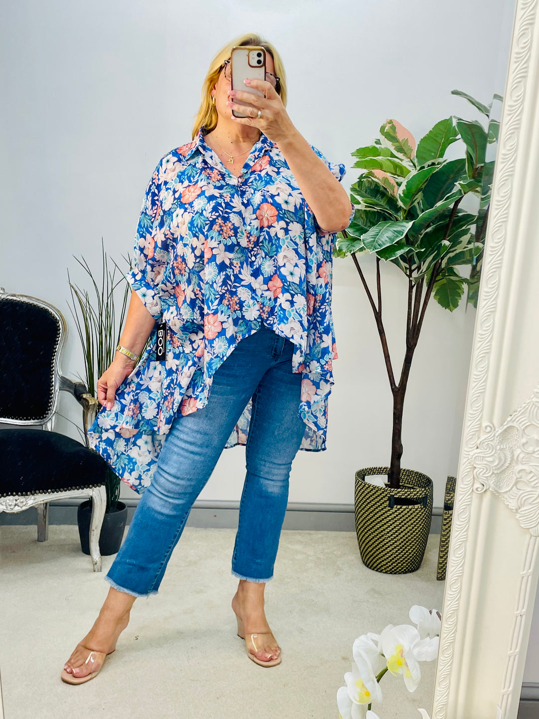 LADIES OVERSIZE BLUE & RED FLOWER PRINT FLOATY TOP