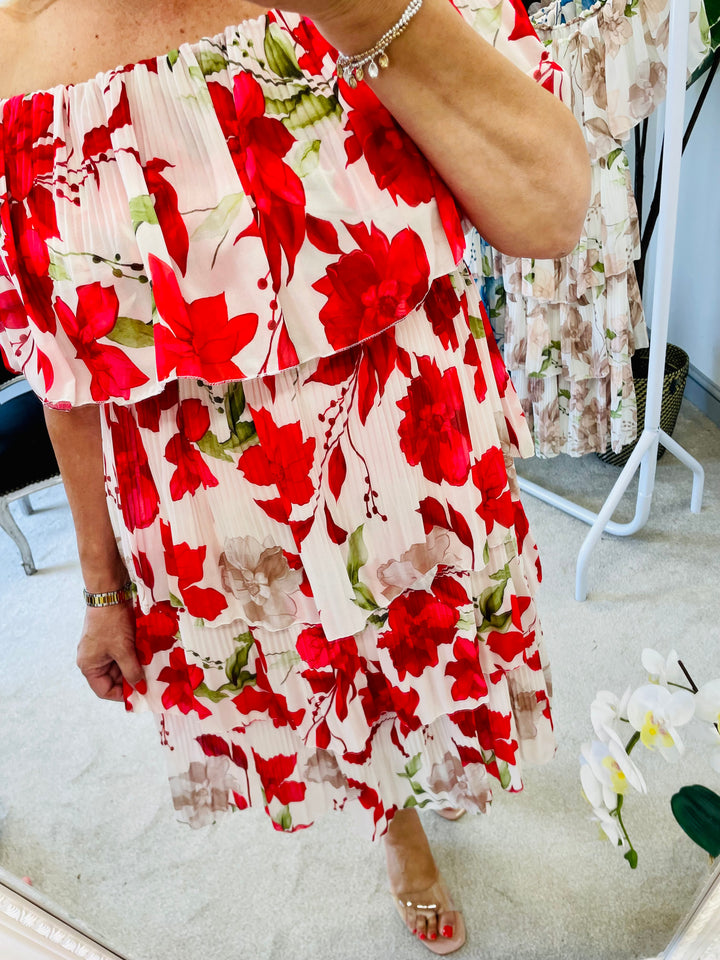 LADIES FLORAL PLEATED SUMMER EVENT MIDI DRESS - RED, BLUE, BEIGE & BLACK