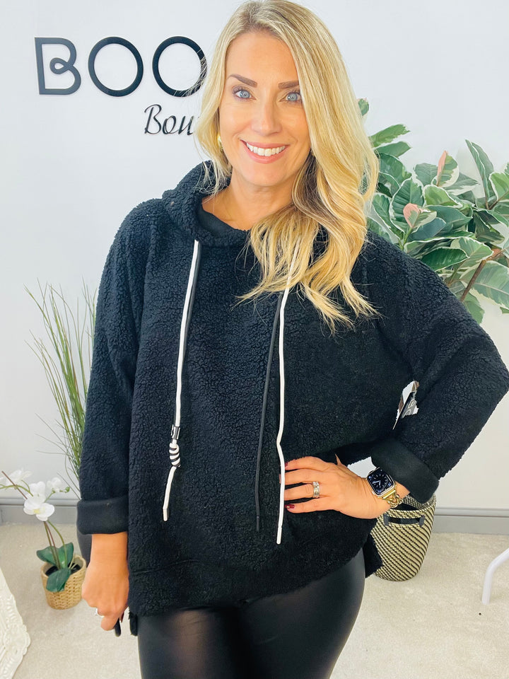 LADIES BOUCLE HOODIE TOP - BLACK, WHITE, CAMEL & BROWN
