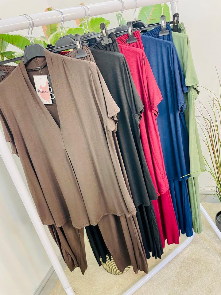 LADIES JERSEY WIDE LEG TROUSER CO ORD SET - NAVY, BURGUNDY, KHAKI, BLACK, BROWN