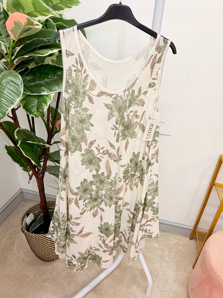 Ladies Flower Print Light Linen Summer Midi Day Dress - Red, Blue, Pink & Khaki