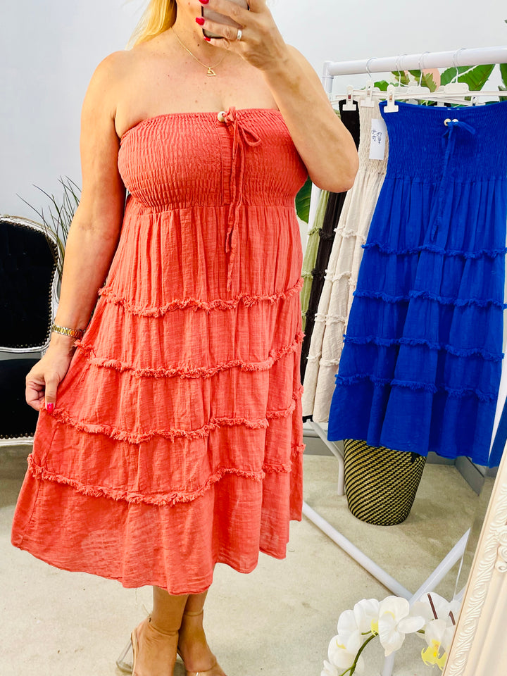 LADIES BOOBTUBE ELASTICATED SUMMER MIDI DRESS - BLUE, BEIGE, BROWN, KHAKI & RUST