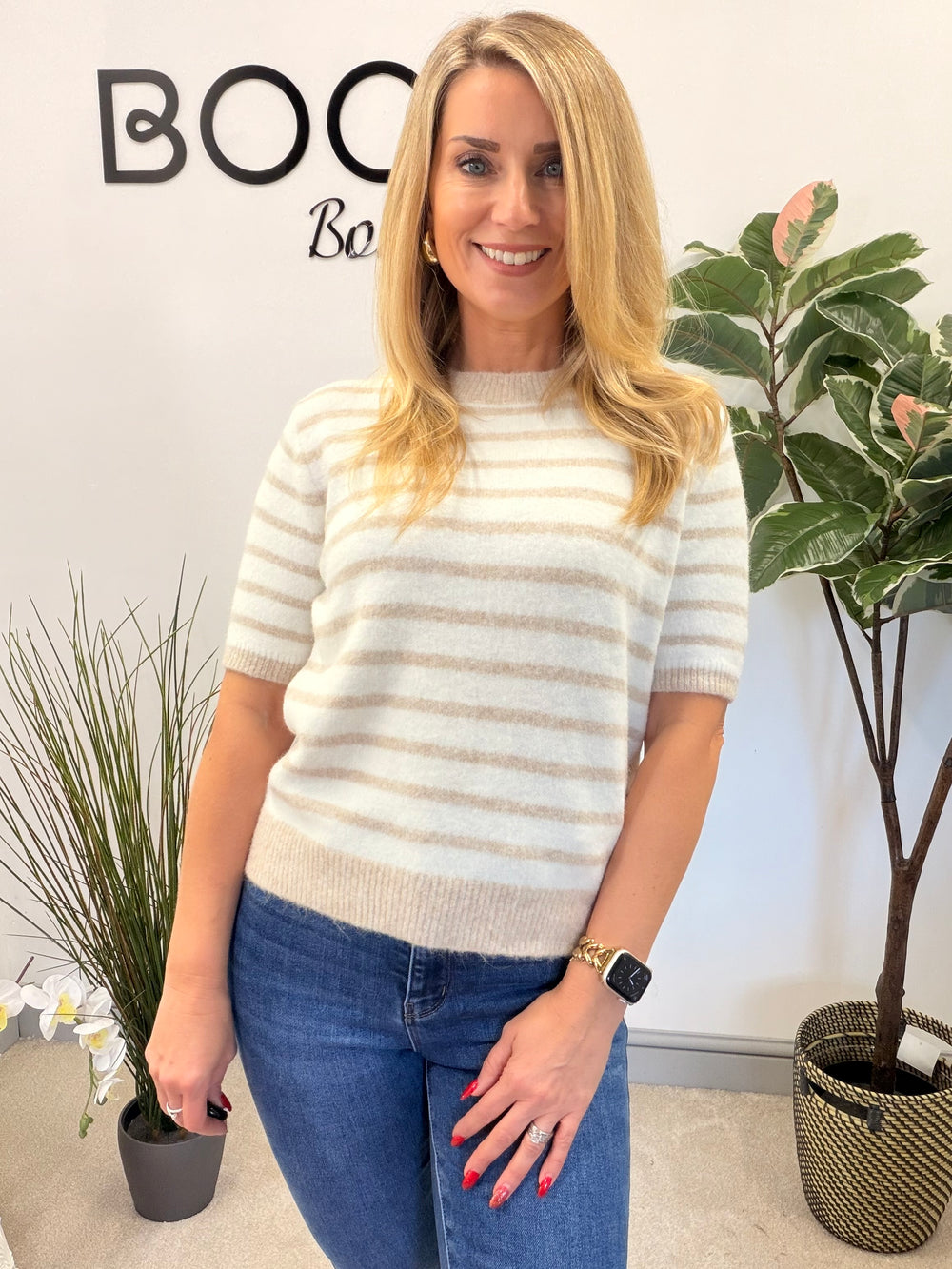 LADIES CREAM STRIPED SHORT SLEEVE JUMPER - PINK, BLUE & BEIGE